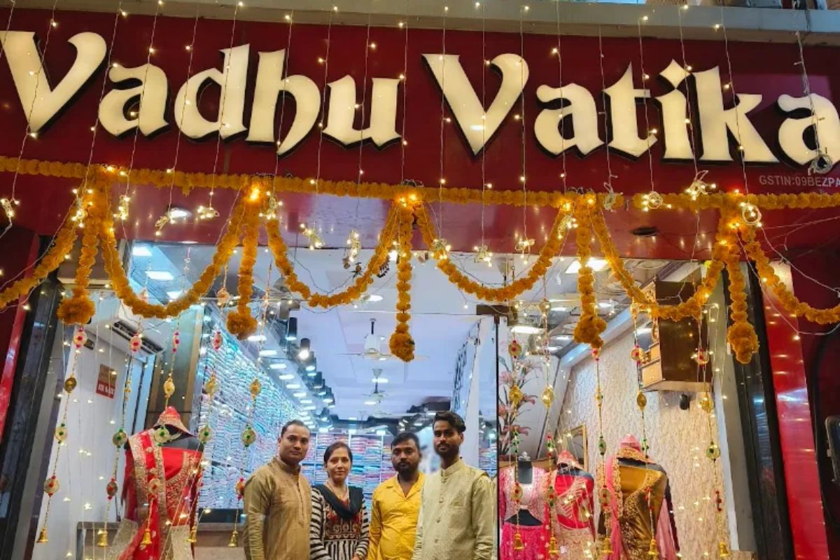 Heavy wedding saree display at Vadhu Vatika store in Gorakhpur