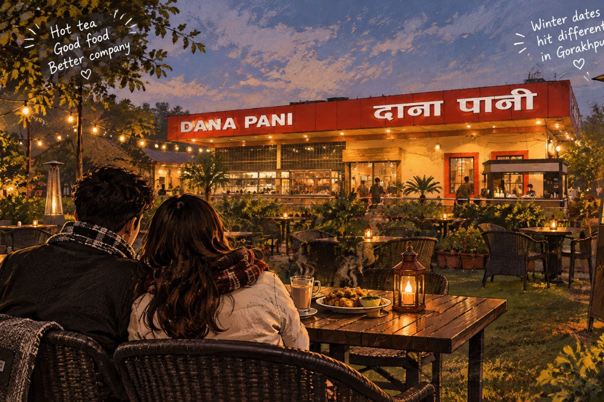 Warm chai and paneer pakoda on a garden table at Daana Paani, Gorakhpur