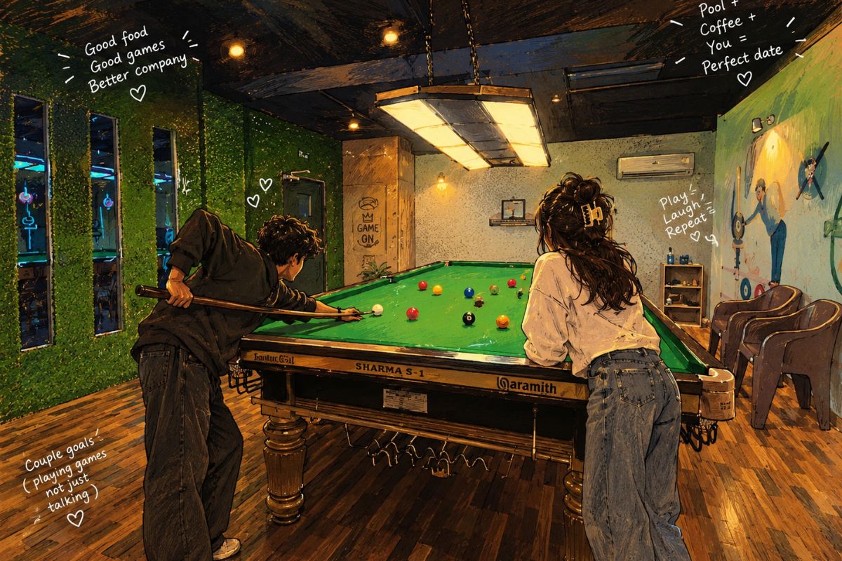 Pool table and coffee counter at a gaming cafe near Nauka Vihar, Gorakhpur
