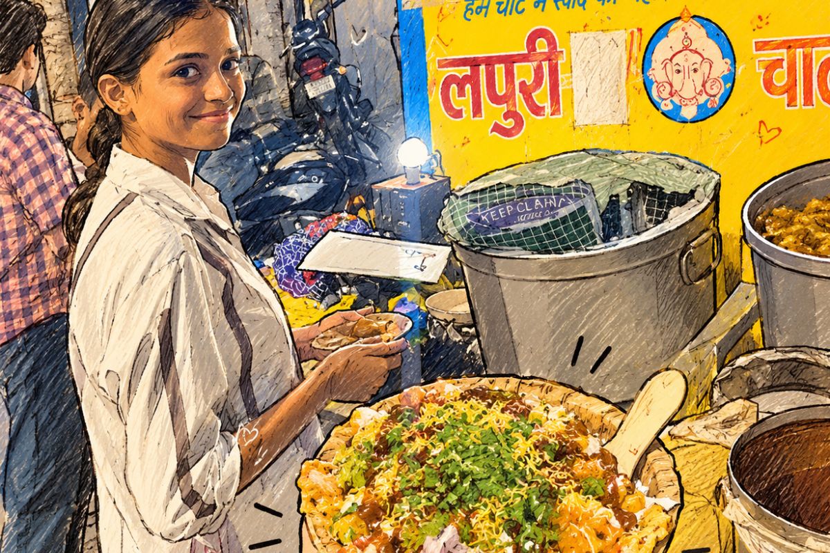 Bhel puri and batata puri being tossed at a street cart in Vijay Chowk, Gorakhpur