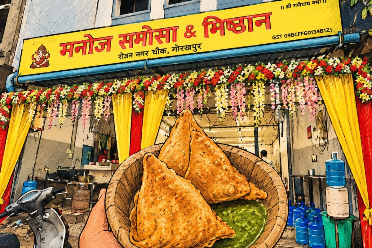 Golden crispy samosa from Manoj Samosa served without chutney, Gorakhpur